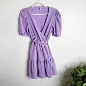 & Other Stories Puff Sleeve V-Neck Wrap Tiered Mini Dress Lavender Purple XS